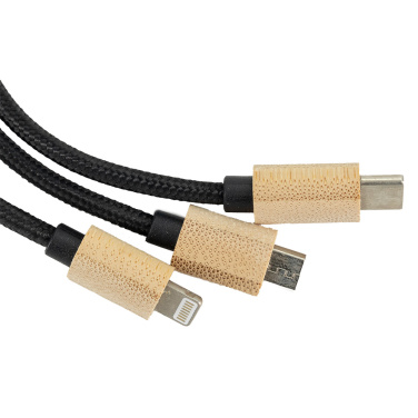 Logotrade Firmengeschenke das Foto: 3-in-1-Kabel mit elighted-Logo im Holzgehäuse, LH-ZMU06
