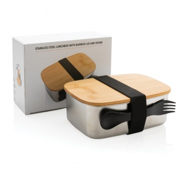 Logo trade promotional giveaways image of: Stainless steel lunchbox with bamboo lid and spork