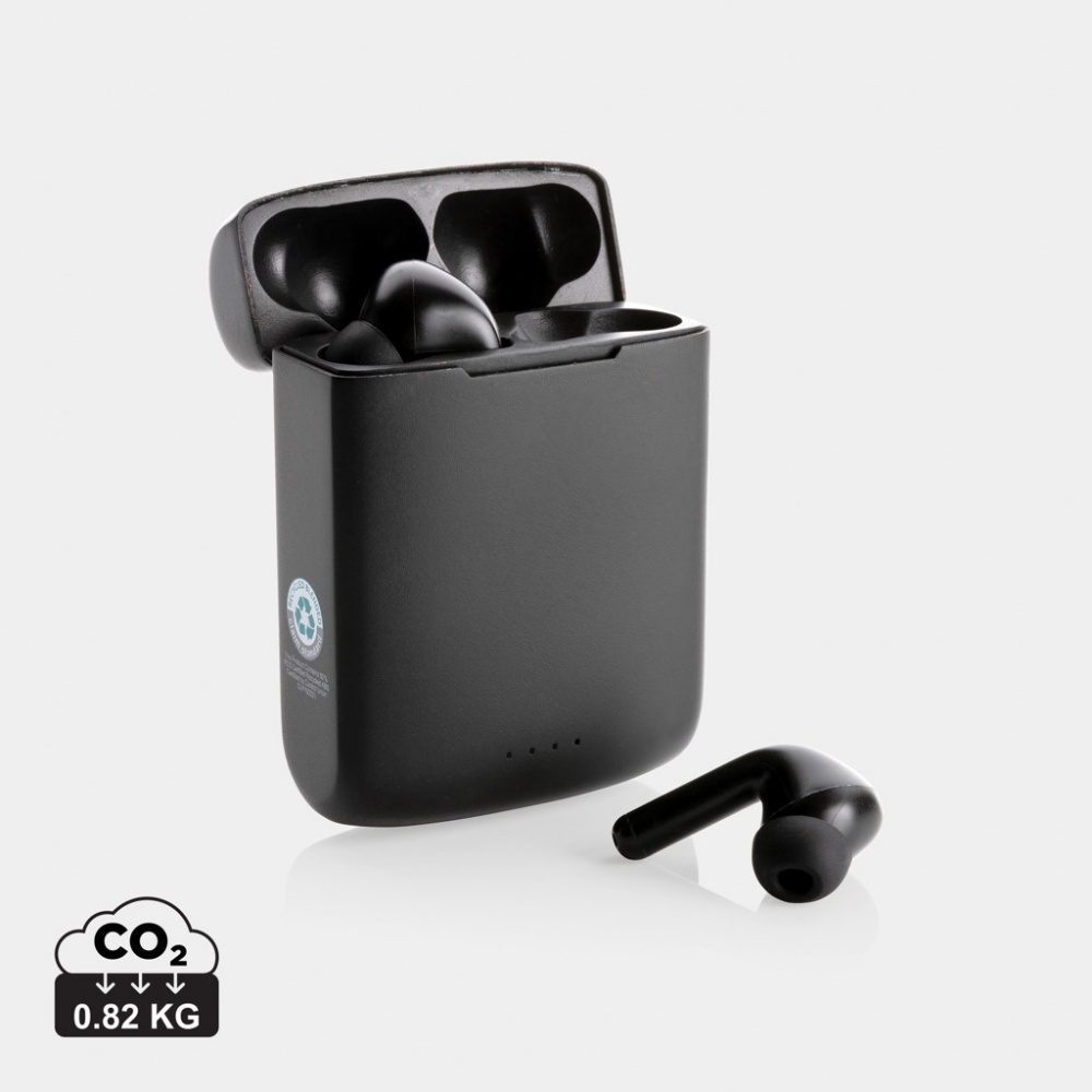 Logo trade promotional merchandise image of: Skywave RCS recycled plastic solar earbuds