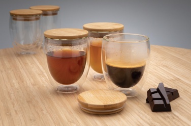 Logo trade business gifts image of: Double wall borosilicate glass with bamboo lid 250ml 2pc set