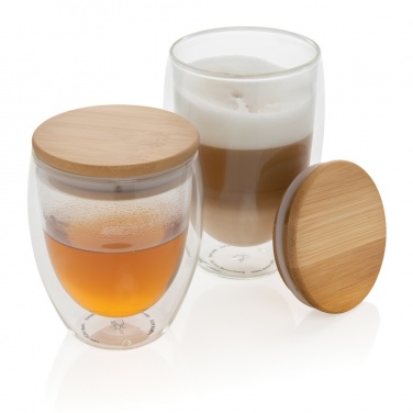 Logo trade promotional merchandise image of: Double wall borosilicate glass with bamboo lid 350ml 2pc set