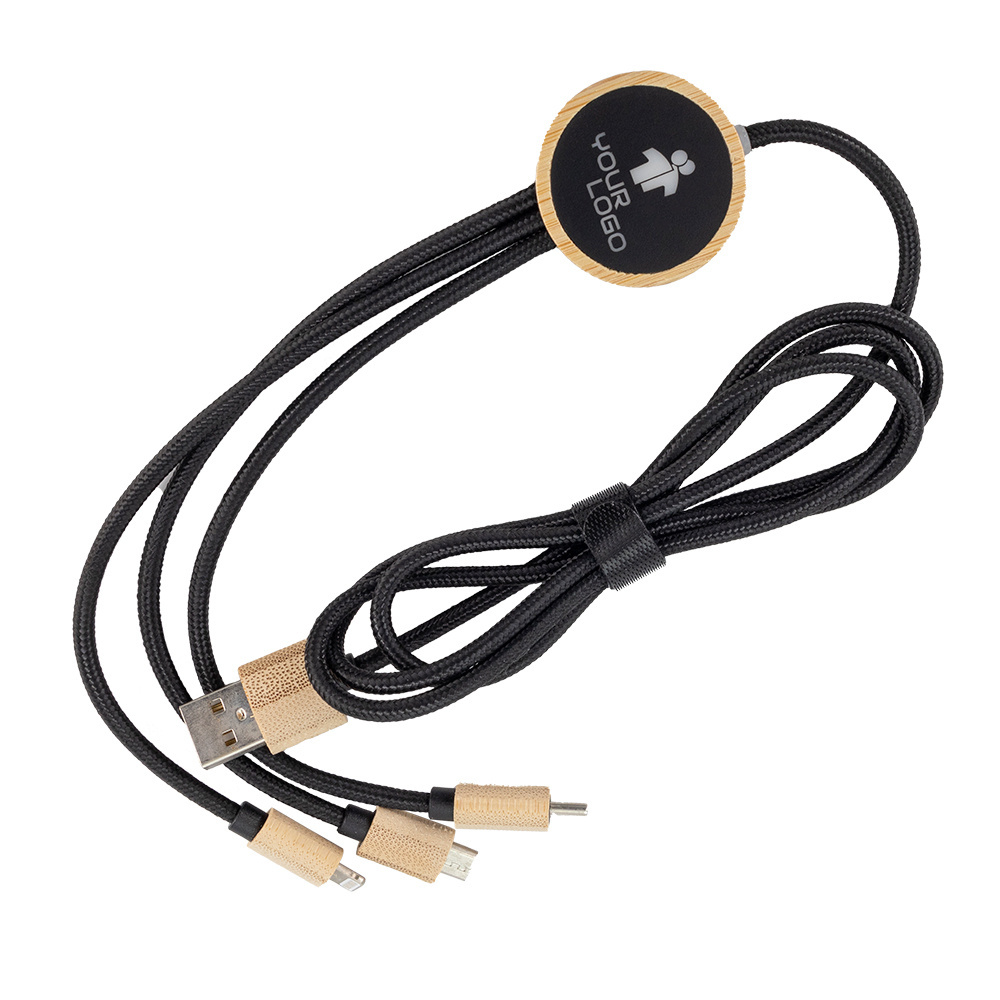 Logo trade promotional giveaways picture of: 3-in-1 cable with elighted logo in a wooden casing, LH-ZMU06