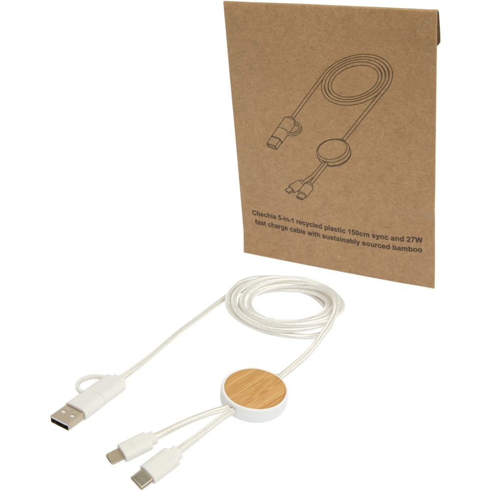 Logotrade promotional merchandise picture of: Chechia 5-in-1 recycled plastic 150 cm data sync and 27W fast charge cable with bamboo details