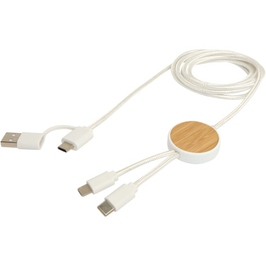 Logotrade promotional gift picture of: Chechia 5-in-1 recycled plastic 150 cm data sync and 27W fast charge cable with bamboo details