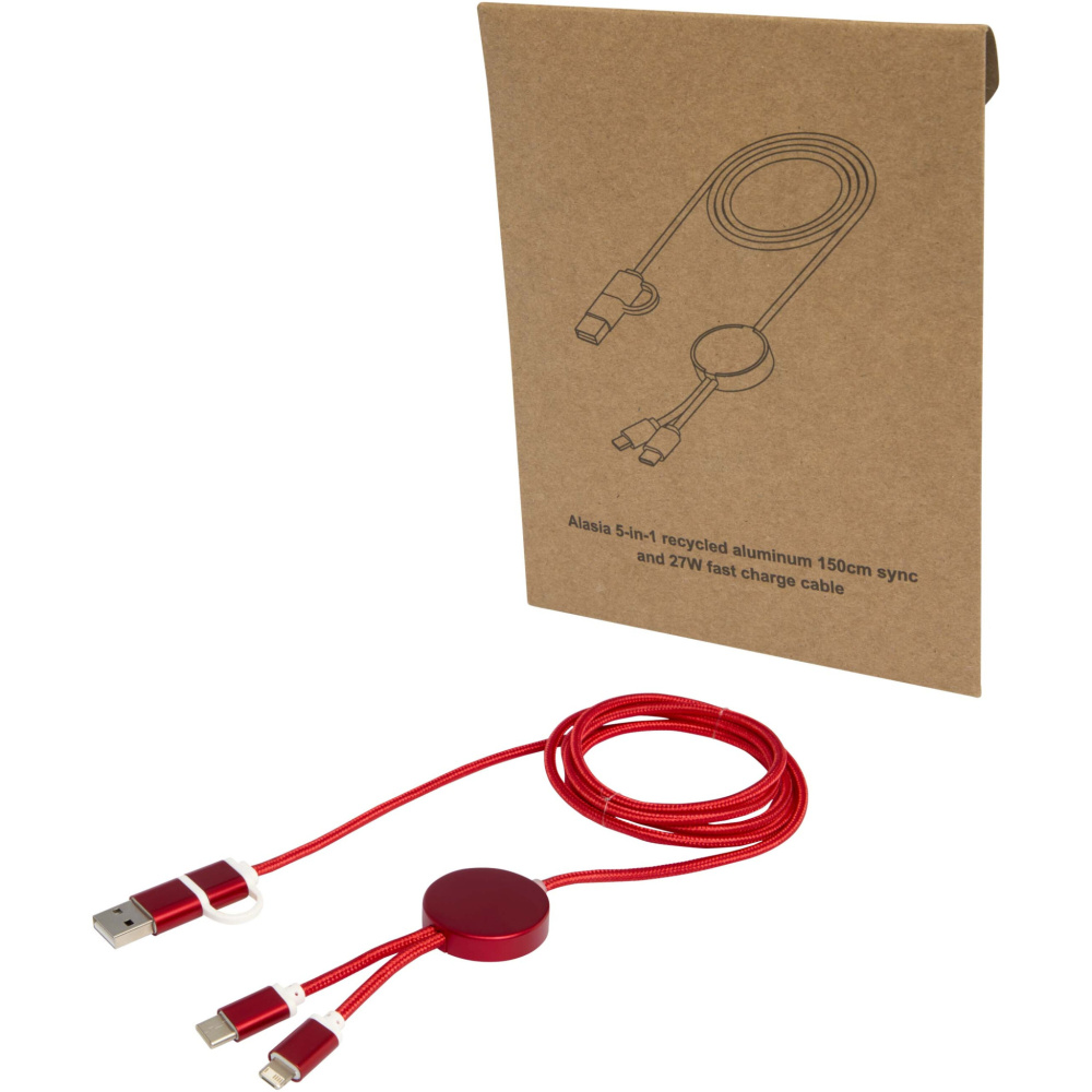 Logotrade business gift image of: Alasia 5-in-1 recycled aluminium and plastic 150 cm data sync and 27W fast charge cable