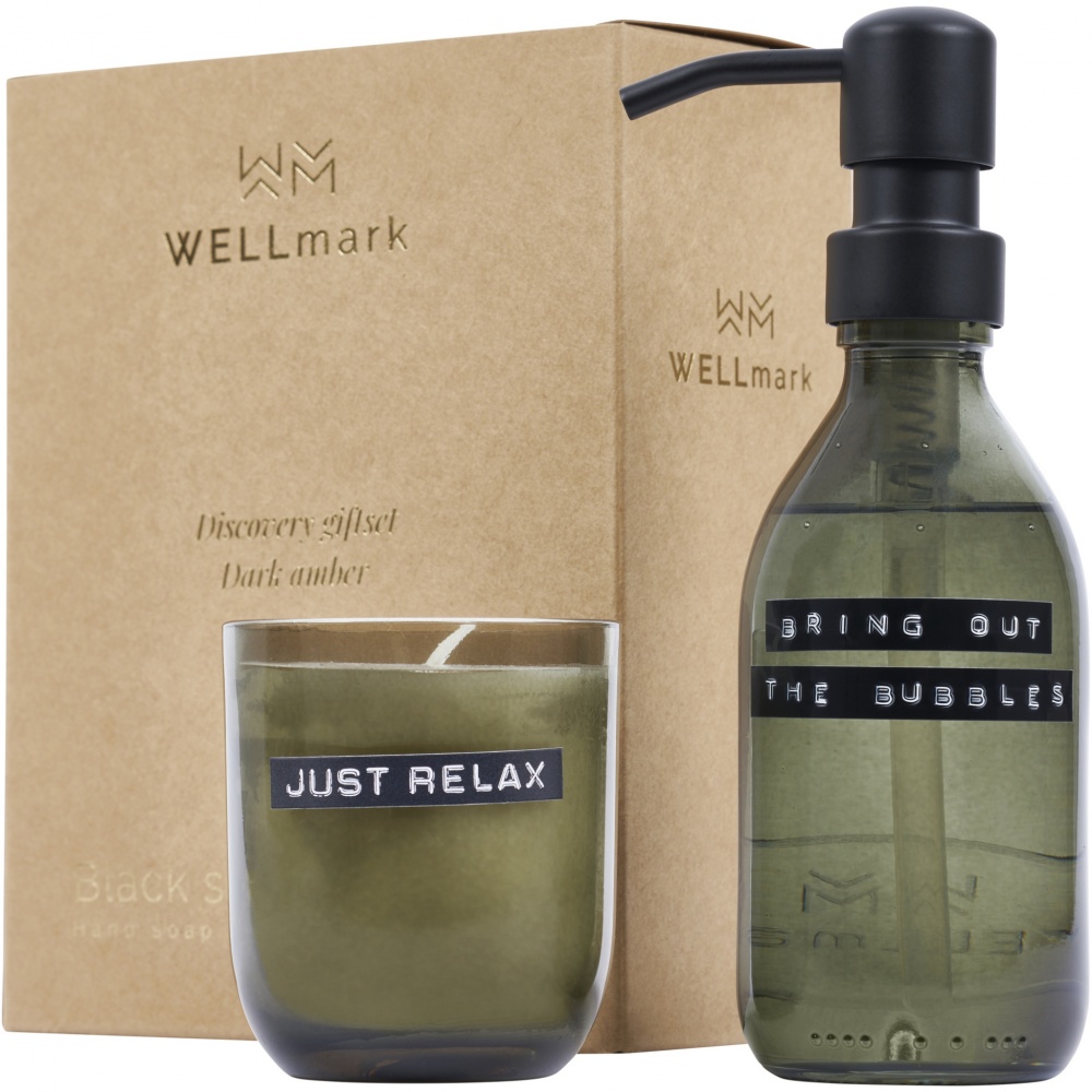 Logo trade liikelahjat mainoslahjat kuva: Wellmark Discovery 200 ml:n käsisaippua-annostelija ja 150 g tuoksukynttiläsetti – tumman meripihkan tuoksu