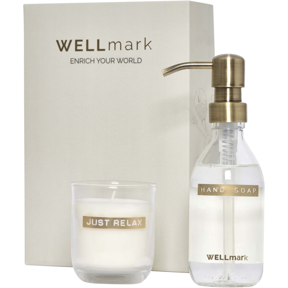 Logotrade dāvanas foto: Wellmark Discovery 250 ml roku ziepju dozators un 150 g aromātisko sveču komplekts